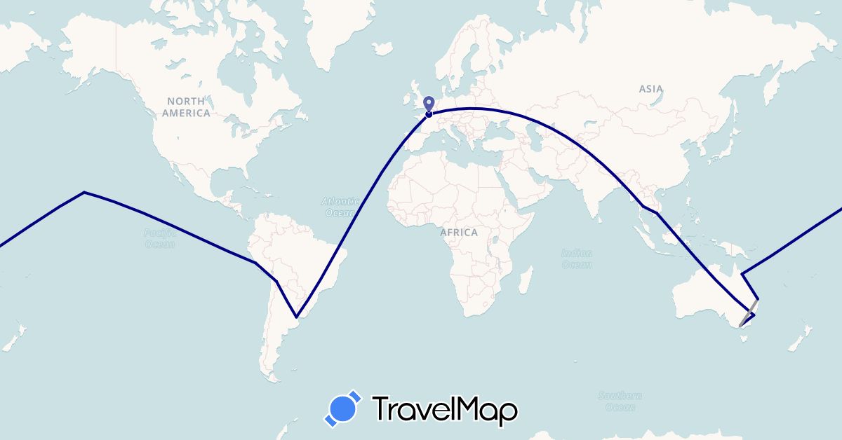 TravelMap itinerary: driving, plane in Argentina, Australia, Bolivia, France, Cambodia, Peru, Thailand, United States, Vietnam (Asia, Europe, North America, Oceania, South America)